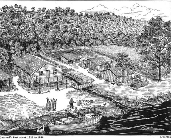 Illustration of trading post with boats on a river, log buildings and trees